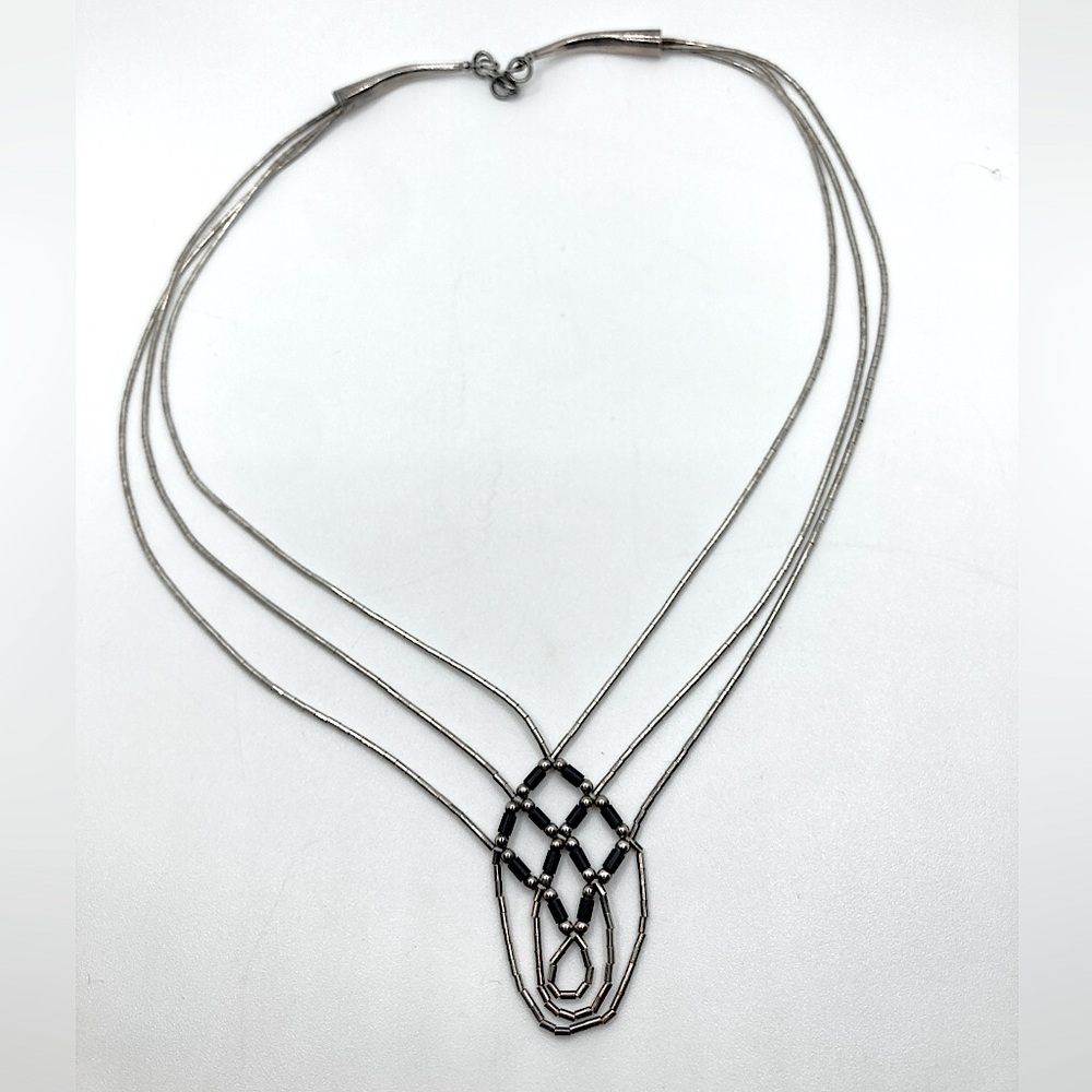 STERLING Liquid Silver & Onyx Heishi Tube Bead Necklace Vintage Navajo 19”